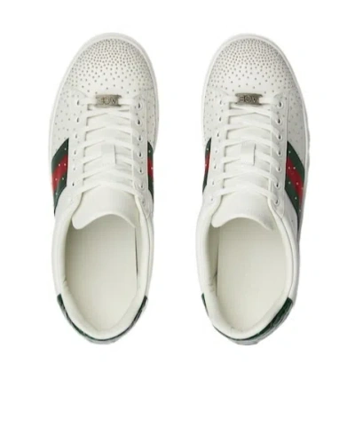 Gucci Ace Leather Sneakers With Lateral Web Band In White