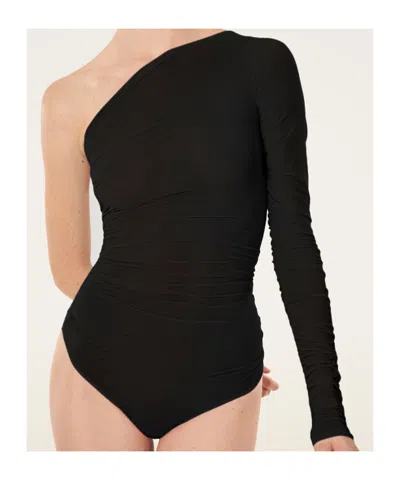Wolford One Shoulder Ruched Long Sleeve Bodysuit In Black