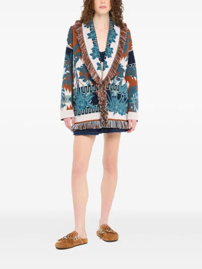 Alanui Long Floral Cardigan With Fringe Shawl Collar In Multi
