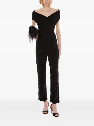 Alberta Ferretti Flared High Waist Trousers With Beaded Embellishments In Black