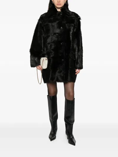 Alberta Ferretti Fur Texture High Collar Knee Length Jacket In Black