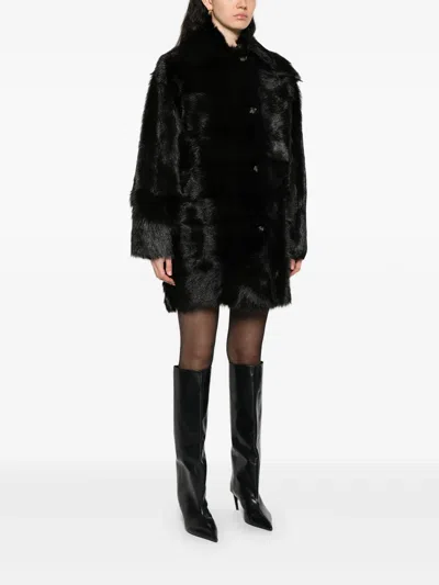 Alberta Ferretti Fur Texture High Collar Knee Length Jacket In Black