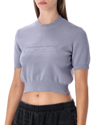 Alexander Wang Omens Lavender Grey Cropped Embossed-brand Knitted Top In Blue