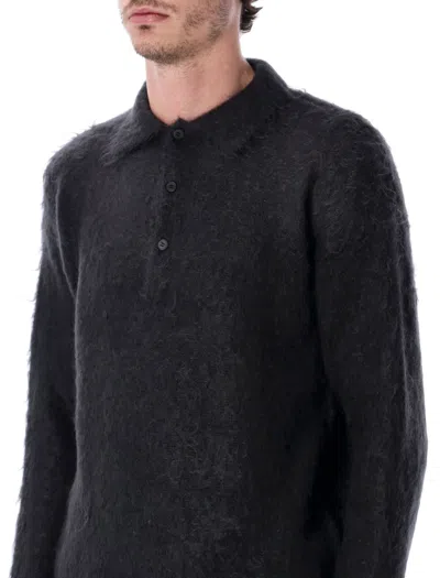 Auralee Brushed Super Kid Mohair Knit Relaxed Polo In Black