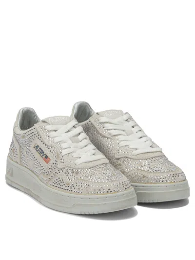 Autry Medalist Low Sneakers In Worn-out Effect Suede With Rhinestones In Gray