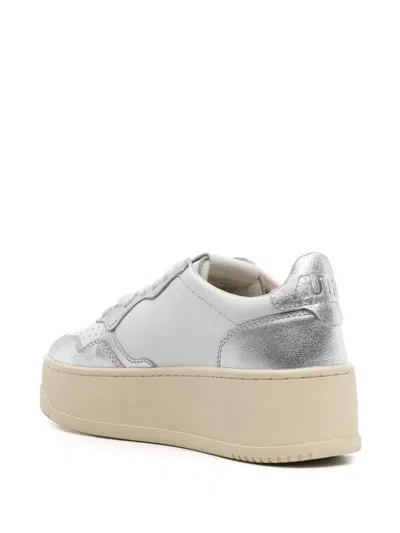Autry Silver Metallic And White Leather Medalist Platform Sneakers In Gray