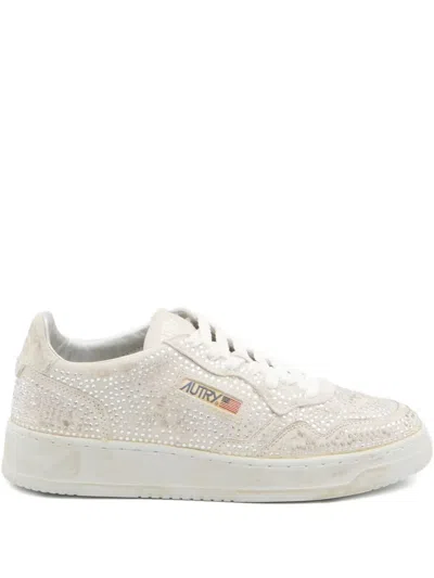 Autry Medalist Low Sneakers In Worn-out Effect Suede With Rhinestones In Neutral
