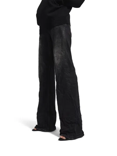 Balenciaga Crinkled Effect Wide Leg Jeans With Washed And Worn-out Details In Black