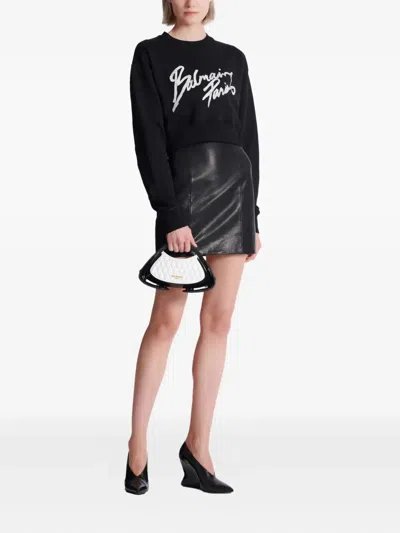 Balmain Cropped Printed Cotton Sweatshirt In Black