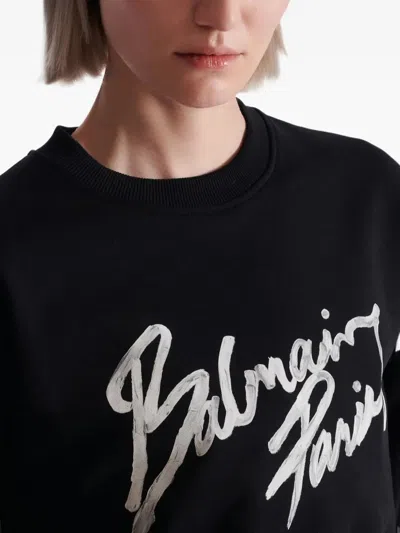 Balmain Cropped Printed Cotton Sweatshirt In Black