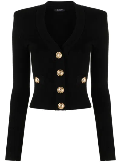 Balmain Black Fitted Cardigan With V Neckline And Jewel Buttons In Knit