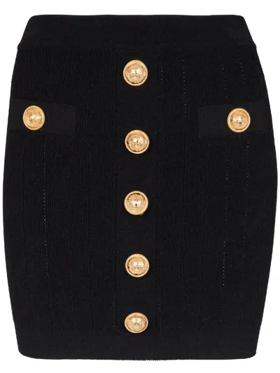 Balmain Button-embellished Wool-twill Mini Skirt In Black