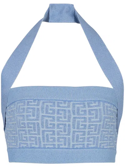 Balmain Knit Halterneck Top With Pb Labyrinth Monogram In Blue