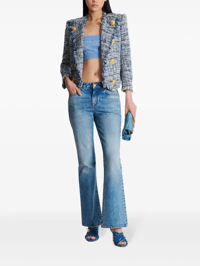 Balmain Knit Halterneck Top With Pb Labyrinth Monogram In Blue