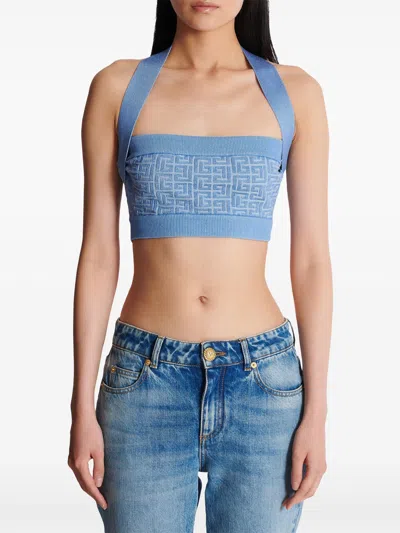 Balmain Knit Halterneck Top With Pb Labyrinth Monogram In Blue