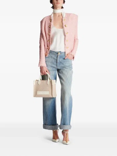 Balmain B-army Small Monogrammed Canvas And Leather Tote Bag In Metallic