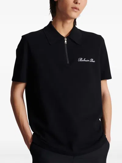 Balmain Short-sleeved Polo Shirt With Embroidery In Black