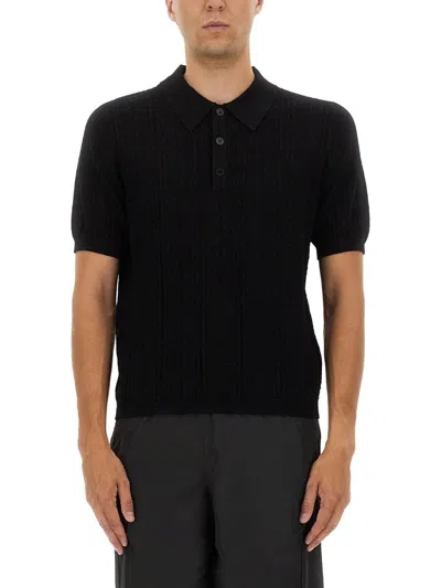 Balmain Textured Black Knitted Polo With Classic Collar In Black