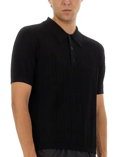 Balmain Textured Black Knitted Polo With Classic Collar In Black