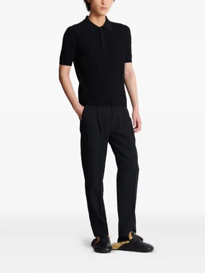 Balmain Textured Black Knitted Polo With Classic Collar In Black
