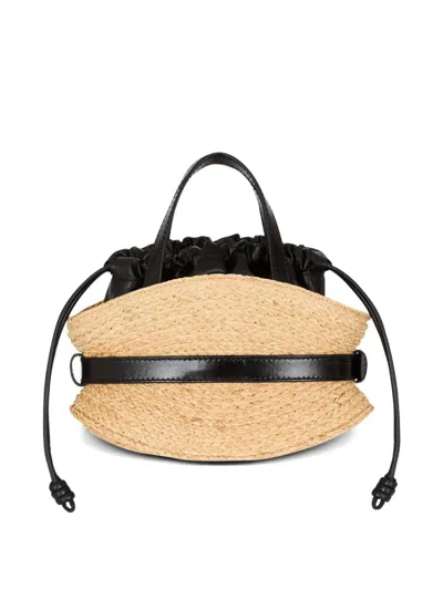Balmain Shuffle Mini Top-handle Bag In Raffia And Calfskin In Nude