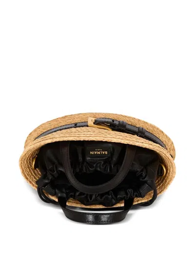 Balmain Shuffle Mini Top-handle Bag In Raffia And Calfskin In Nude
