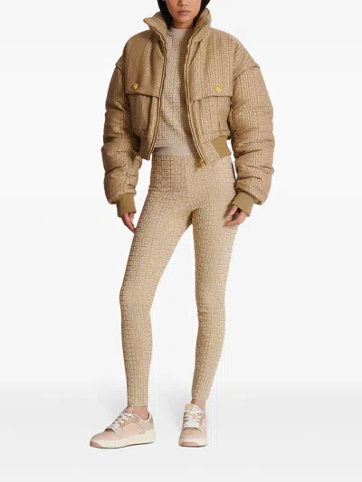 Balmain Ribbed Contrast Knit Leggings With High Waist In Brown