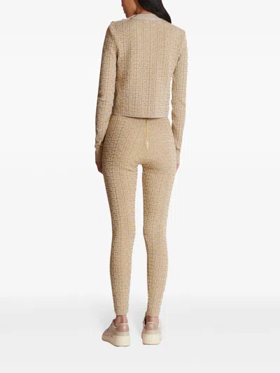 Balmain Ribbed Contrast Knit Leggings With High Waist In Brown