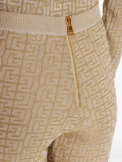 Balmain Ribbed Contrast Knit Leggings With High Waist In Brown