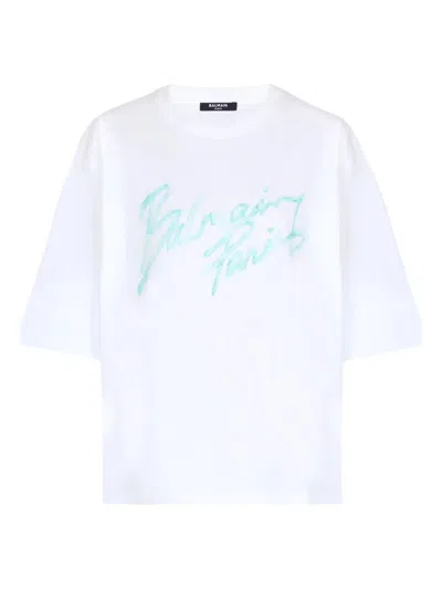 Balmain Oversized White T-shirt With Logo Print Women In Multi