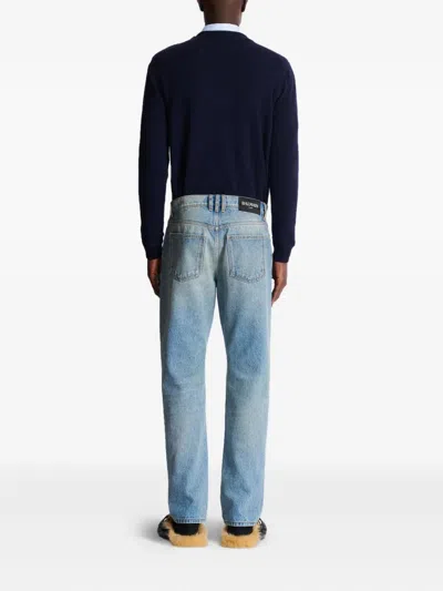 Balmain Straight Whiskering Faded Belt Loops Pockets In Blue