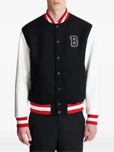 Balmain Wool And Eco-leather Varsity Jacket With Patch In Black