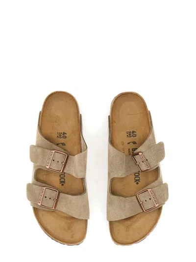 Birkenstock Arizona Sandal With Adjustable Straps In Suede Sand In Brown