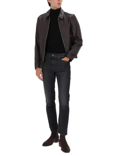 Hugo Boss Boss Tailored Black Leather Jacket With Classic Collar And Zip Closure In Black