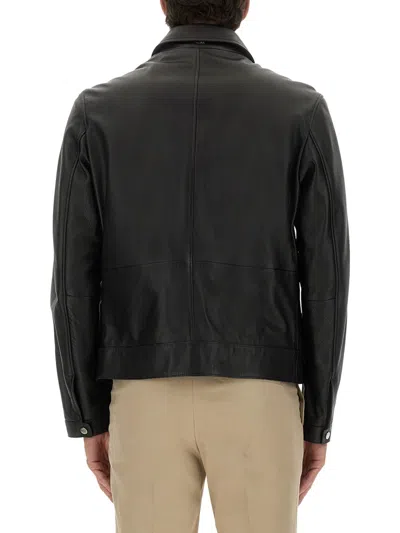 Hugo Boss Boss Tailored Black Leather Jacket With Classic Collar And Zip Closure In Black