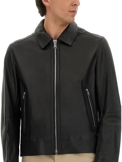 Hugo Boss Boss Tailored Black Leather Jacket With Classic Collar And Zip Closure In Black