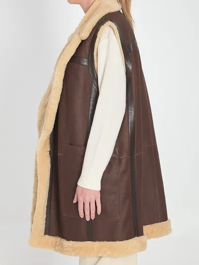 Bottega Veneta Calfskin Long Vest With Sleeveless Design In Brown