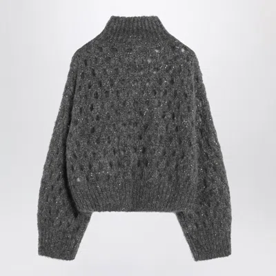 Brunello Cucinelli Grey Openwork Turtleneck Sweater In Gray