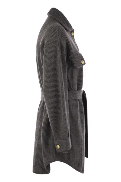 Brunello Cucinelli Cardigan In Virgin Wool, Cashmere And Silk English Rib With Metal Buttons And Bel In Gray