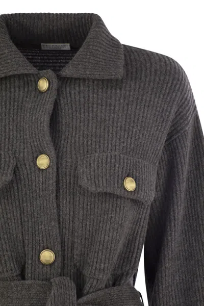Brunello Cucinelli Cardigan In Virgin Wool, Cashmere And Silk English Rib With Metal Buttons And Bel In Gray