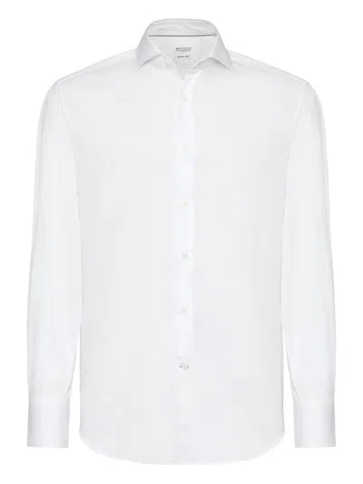 Brunello Cucinelli Button-down Collar Cotton Shirt With Curved Hem In White