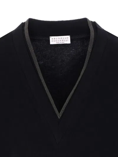 Brunello Cucinelli Monili Trim V-neck Cotton T-shirt Clothing In Black