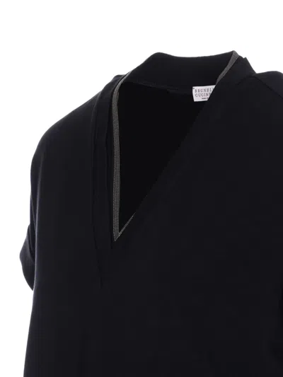 Brunello Cucinelli Monili Trim V-neck Cotton T-shirt Clothing In Black