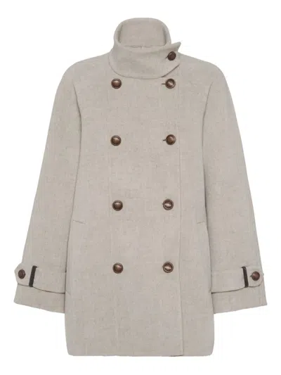 Brunello Cucinelli Virgin Wool And Cashmere Peacoat In Double Cloth With Shiny Cuff Details In Gray