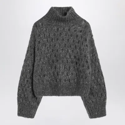 Brunello Cucinelli Grey Openwork Turtleneck Sweater