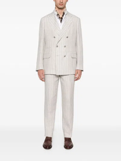 Brunello Cucinelli Striped Linen Double-breasted Suit Jacket In White