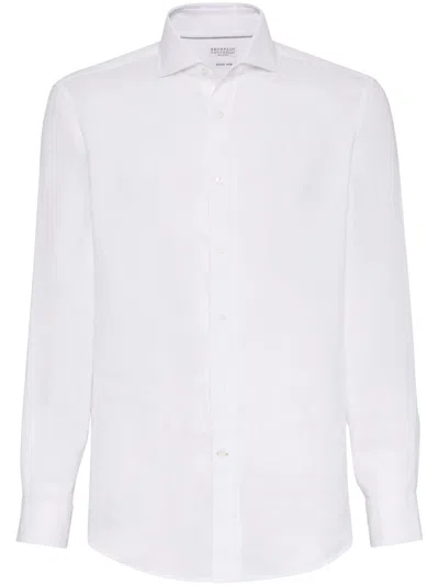 Brunello Cucinelli Button-down Collar Cotton Shirt With Curved Hem In White