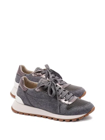 Brunello Cucinelli Low Top Sneakers With Contrast Sole And Textured Panels In Gray