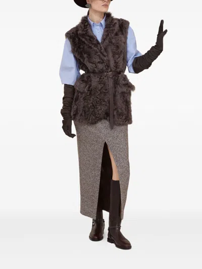 Brunello Cucinelli Front Slit Maxi Pencil Skirt In Brown