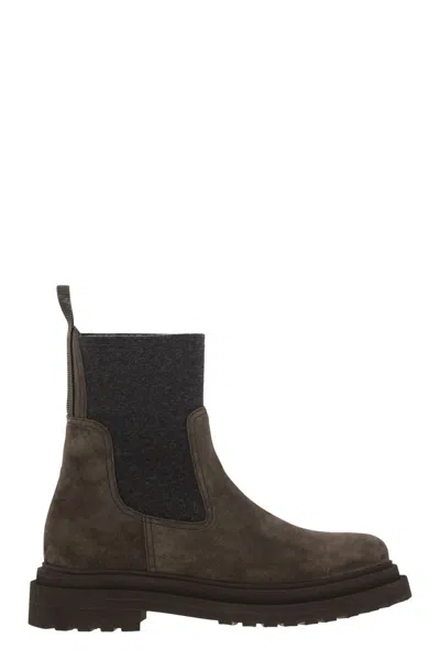 Brunello Cucinelli Suede Boot With Knitted Insert And Precious Loop Detail In Brown